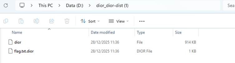 Extracted Dior challenge files containing the dior binary and flag.txt.dior.