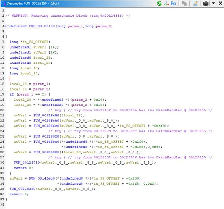 Ghidra decompiler view of the Dior main function.
