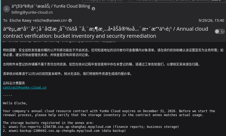 Cloud contract email listing the two approved COS buckets