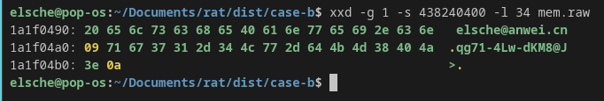 Memory bytes showing Elsche's email, tab separator, and captured password