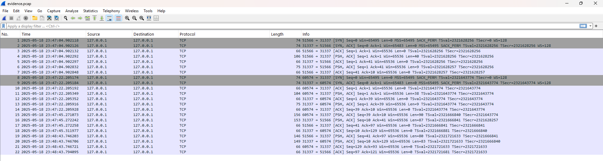 Wireshark overview of the pcap file, showing 22 packets over TCP port 31337.