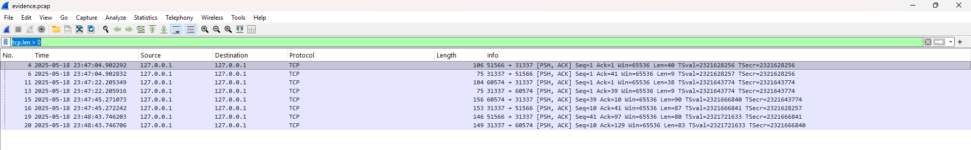 Wireshark filtered view showing 8 packets with data.
