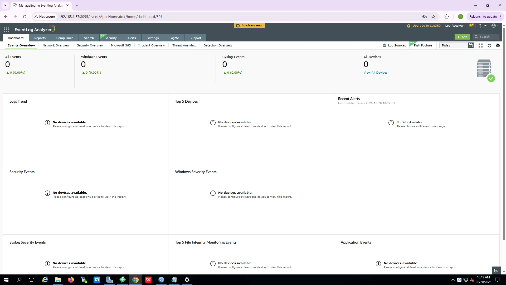 ELA dashboard immediately after install — no devices yet