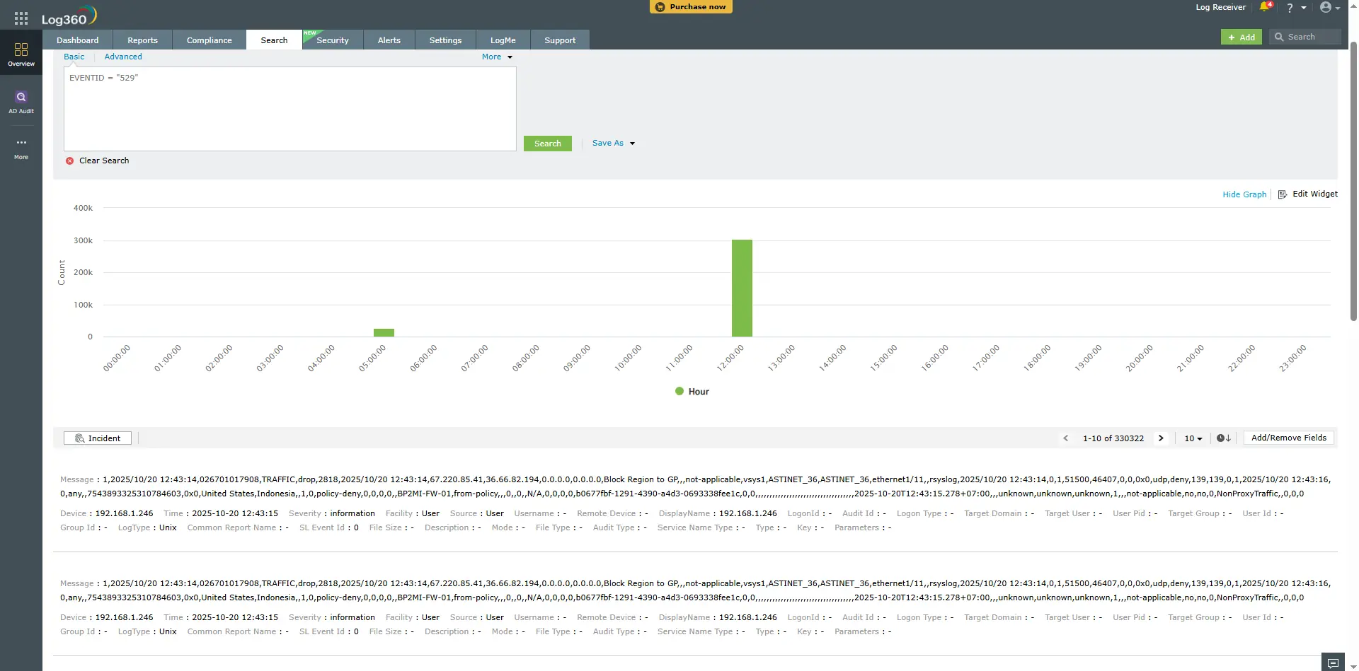 ELA search showing 330K+ events received from the firewall