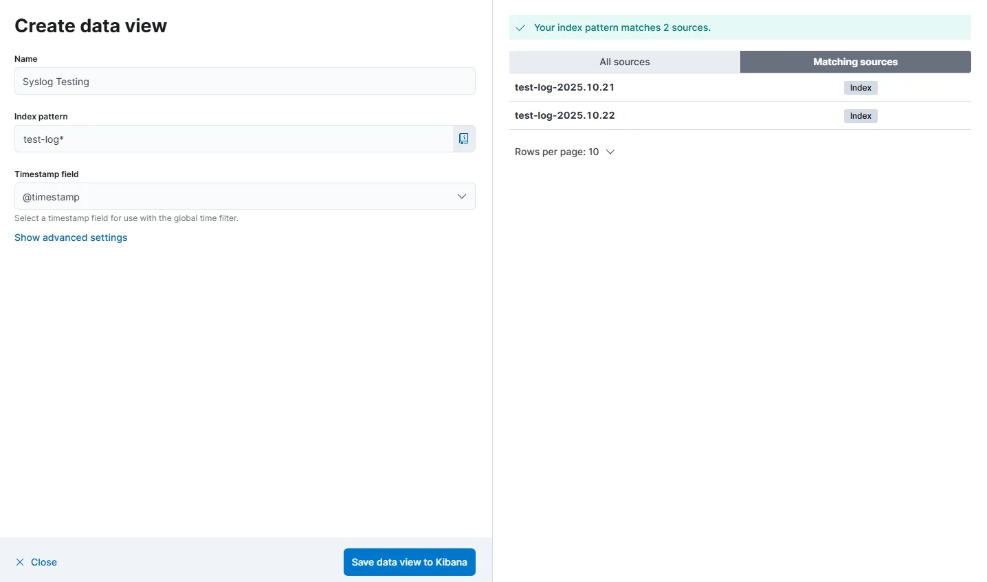 Kibana Data View creation — index pattern matching 2 sources