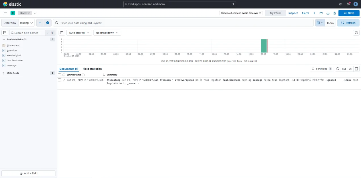Kibana Discover — first log entry from the test pipeline indexed
