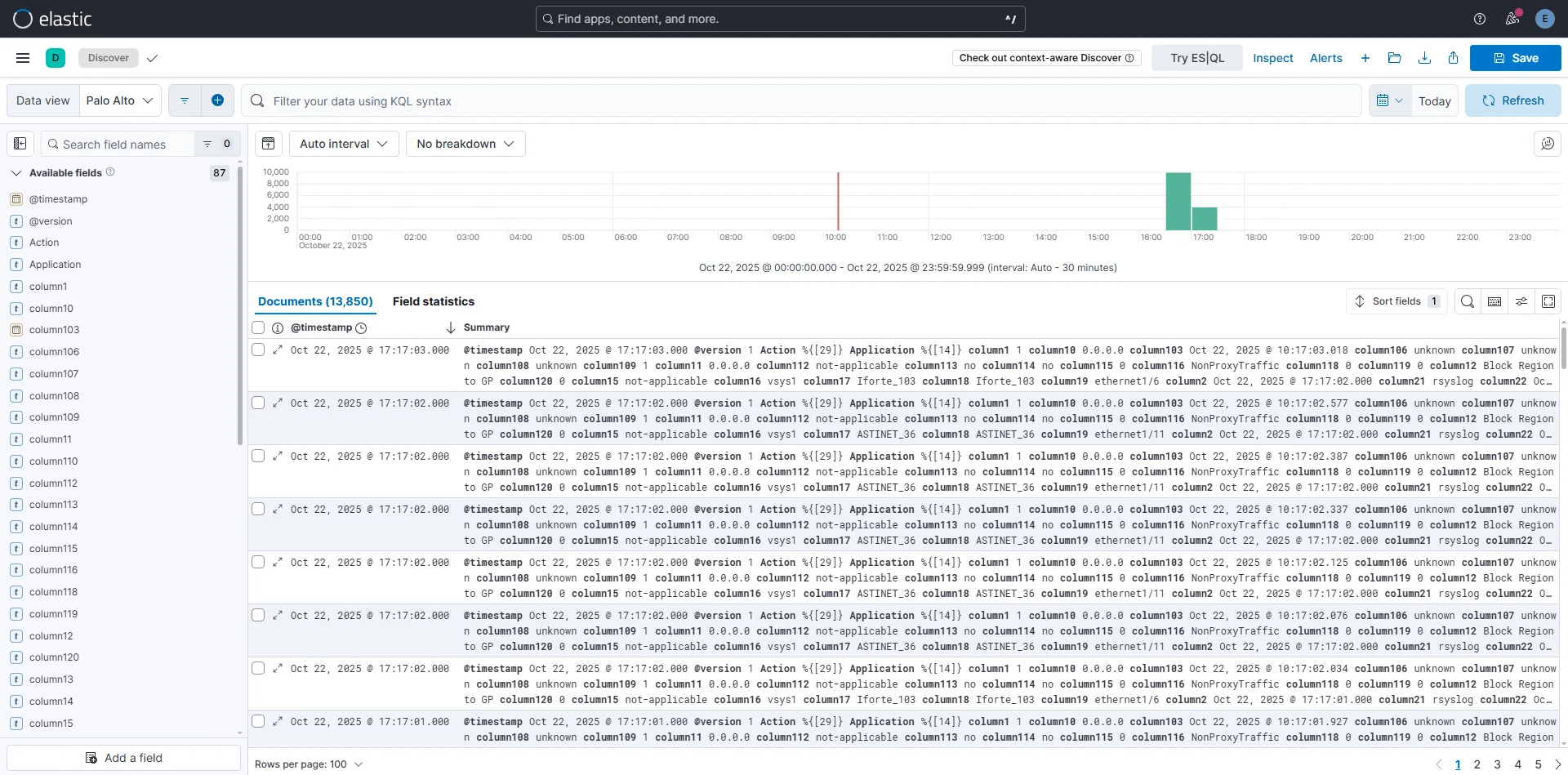 Kibana Discover — 13,850 Palo Alto log documents indexed