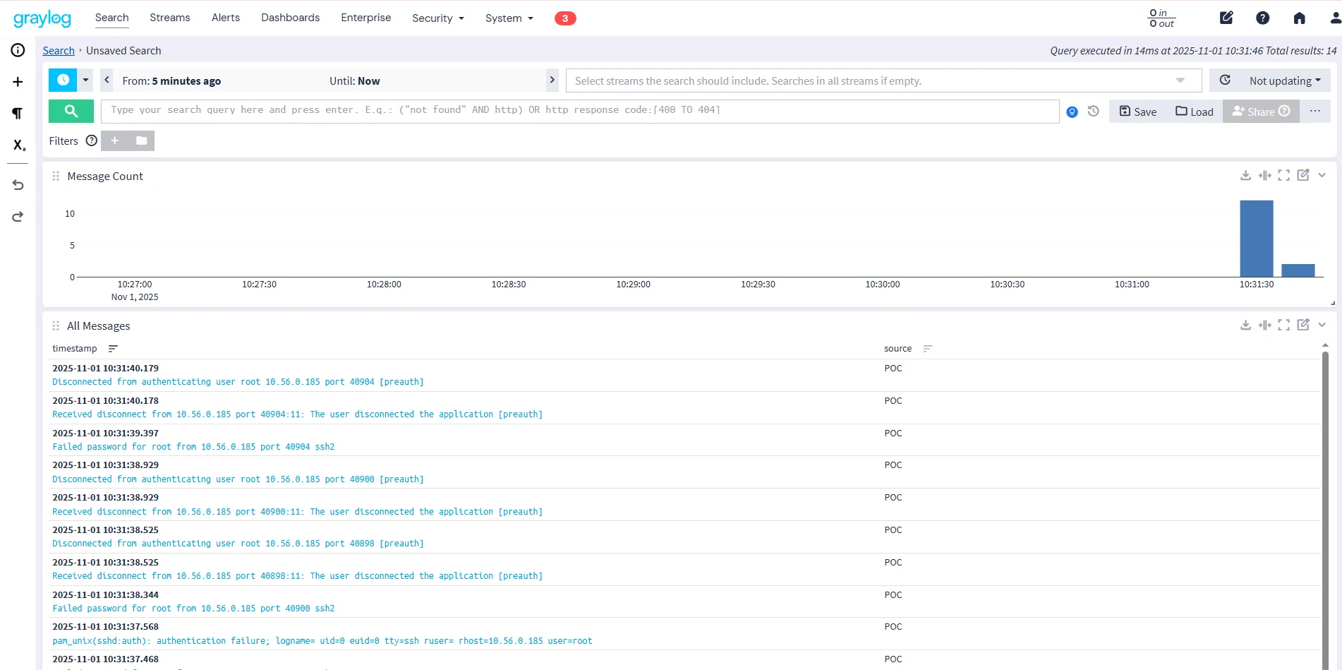Graylog Search showing SSH auth events from the test source