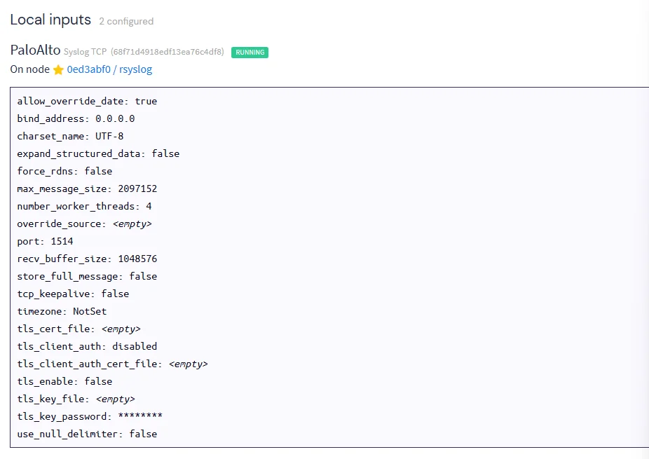 Graylog syslog TCP input — PaloAlto input running on port 1514